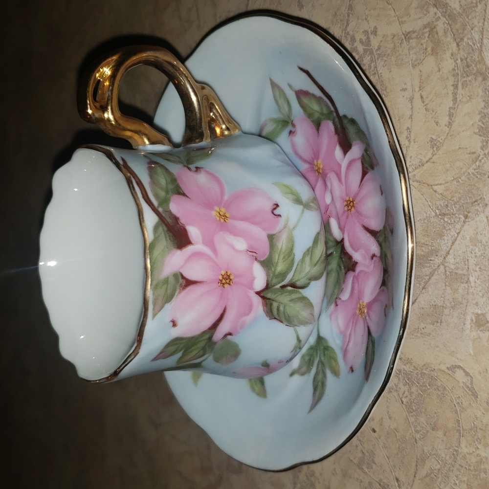 Porcelain Pink Floral Demitasse Cup and Saucer with Gold Handle
